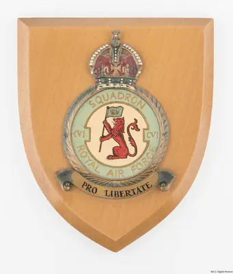 Colour image of a 106 Squadron crest mounted on a shield shaped wooden block